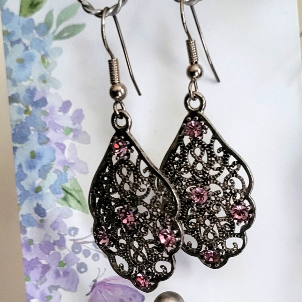 Elegant Silver and Pink Filigree Earrings